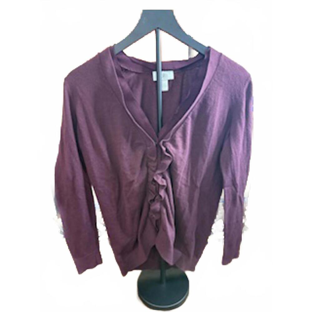 Ann Taylor LOFT Cardigan Large Purple Ruched Front Knit Women's Excellent